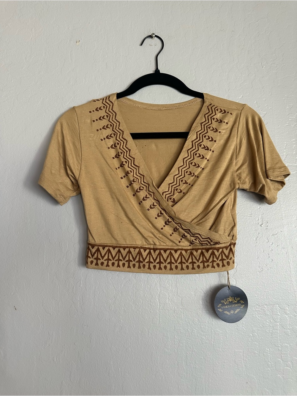 Embroidered Wrap-Style Crop Top in Tan